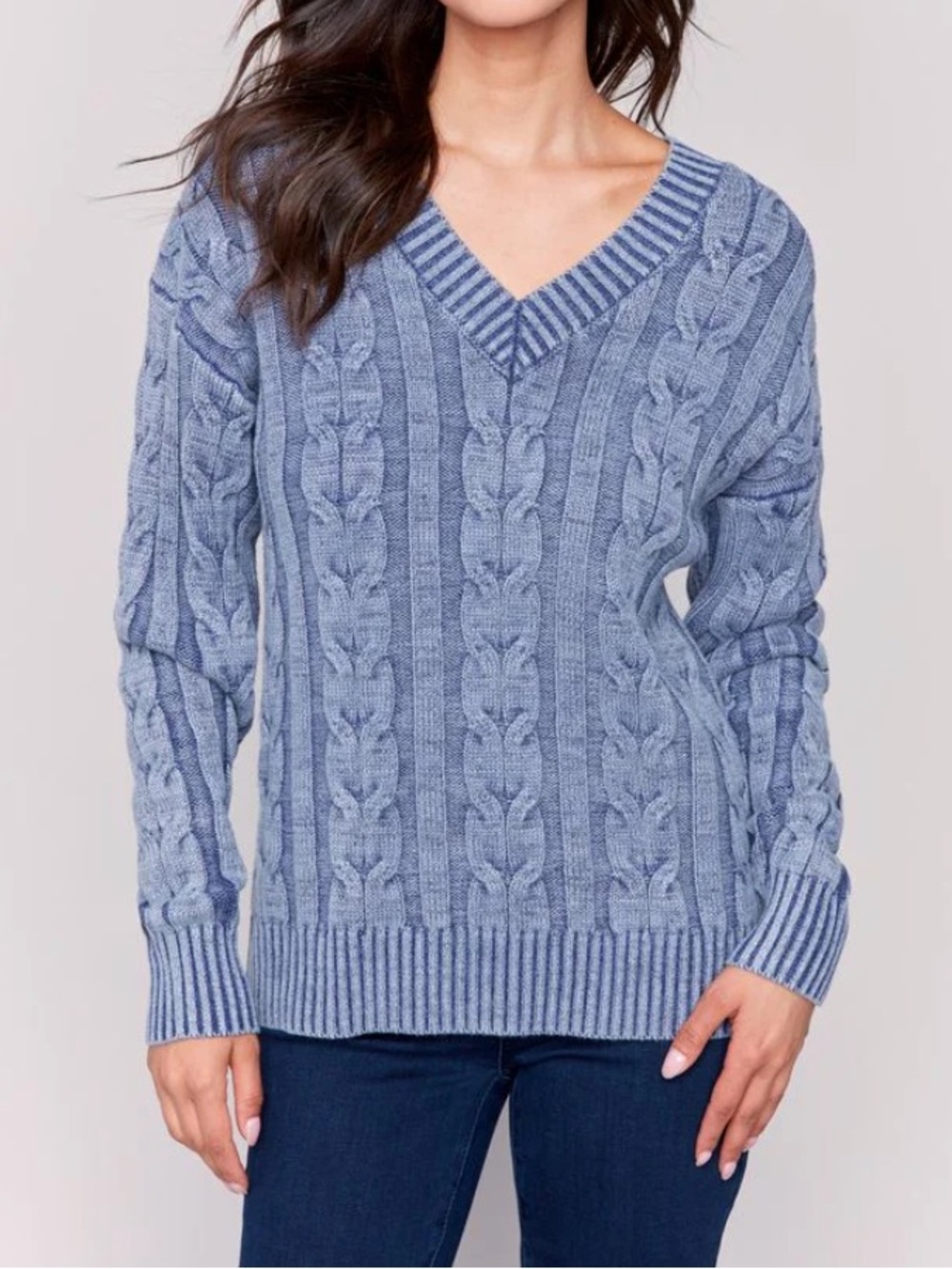 Charlie B V-Neck Cable Knit Cold Dye Denim Blue Sweater Women’s Large